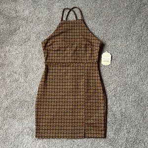 Altar’d State halter mini dress in brown with orange/pink patter! New with tags.